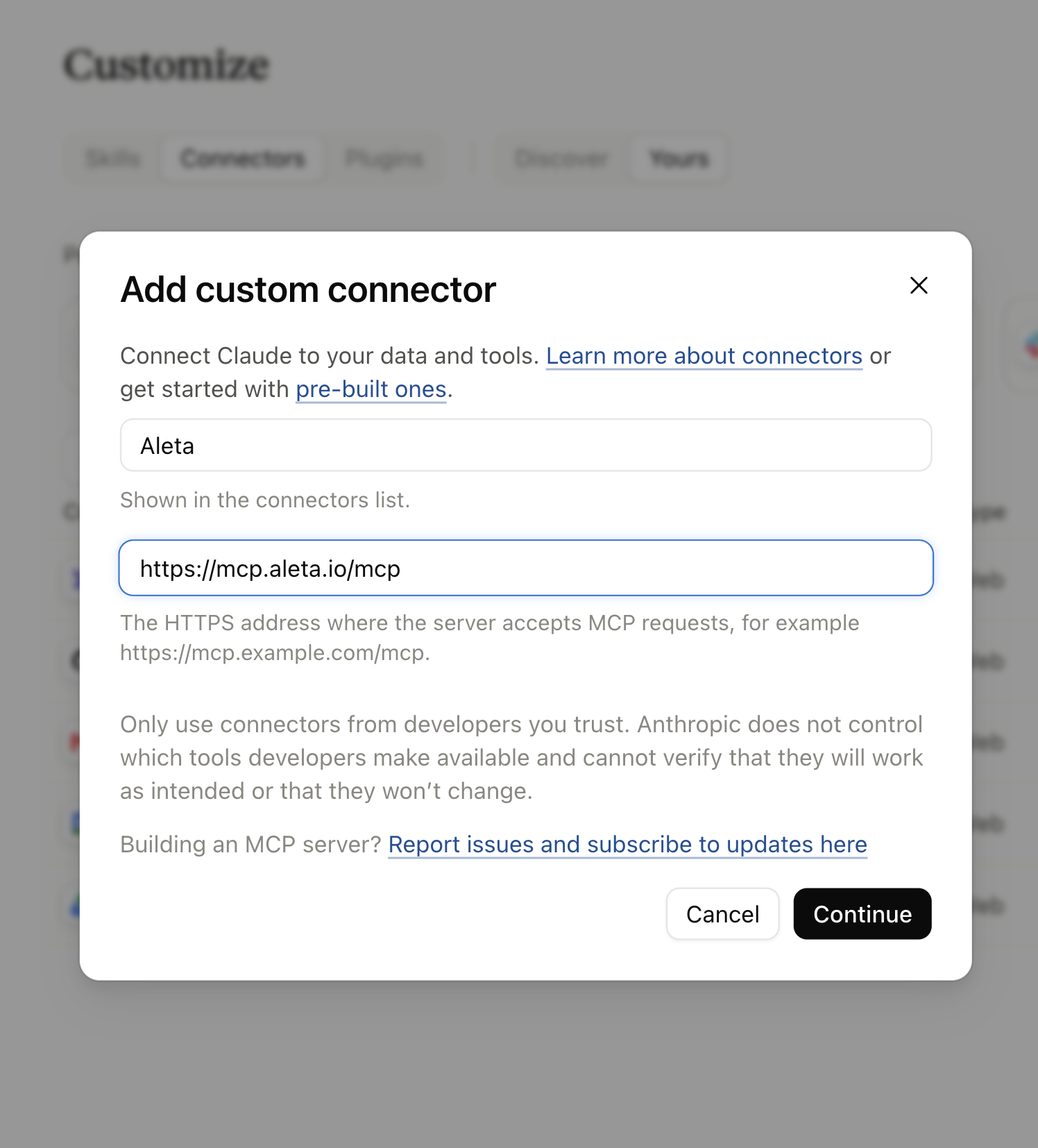 The Add custom connector dialog, with the name Aleta and the URL https://mcp.aleta.io/mcp