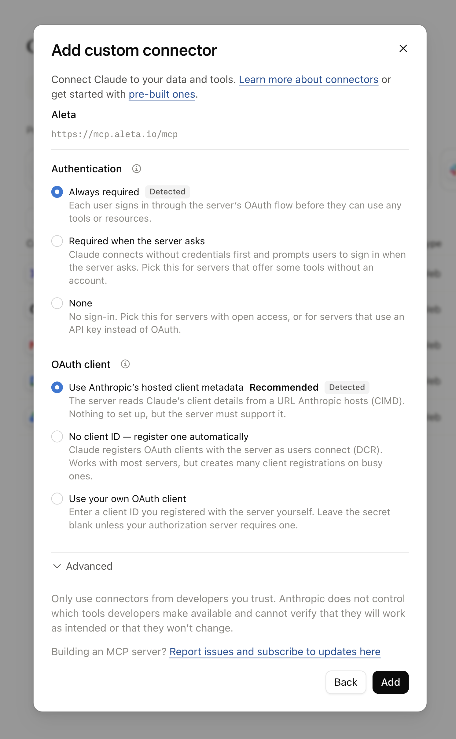 Authentication set to Always required and OAuth client set to Anthropic's hosted client metadata, both marked Detected