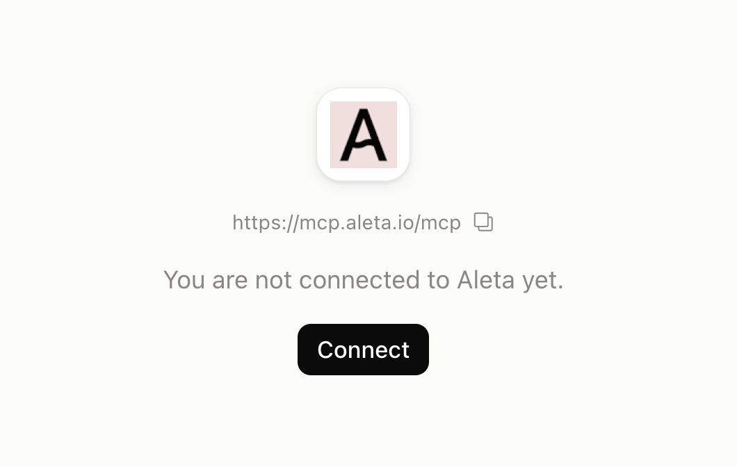 The Aleta connector showing 'You are not connected to Aleta yet' above a Connect button