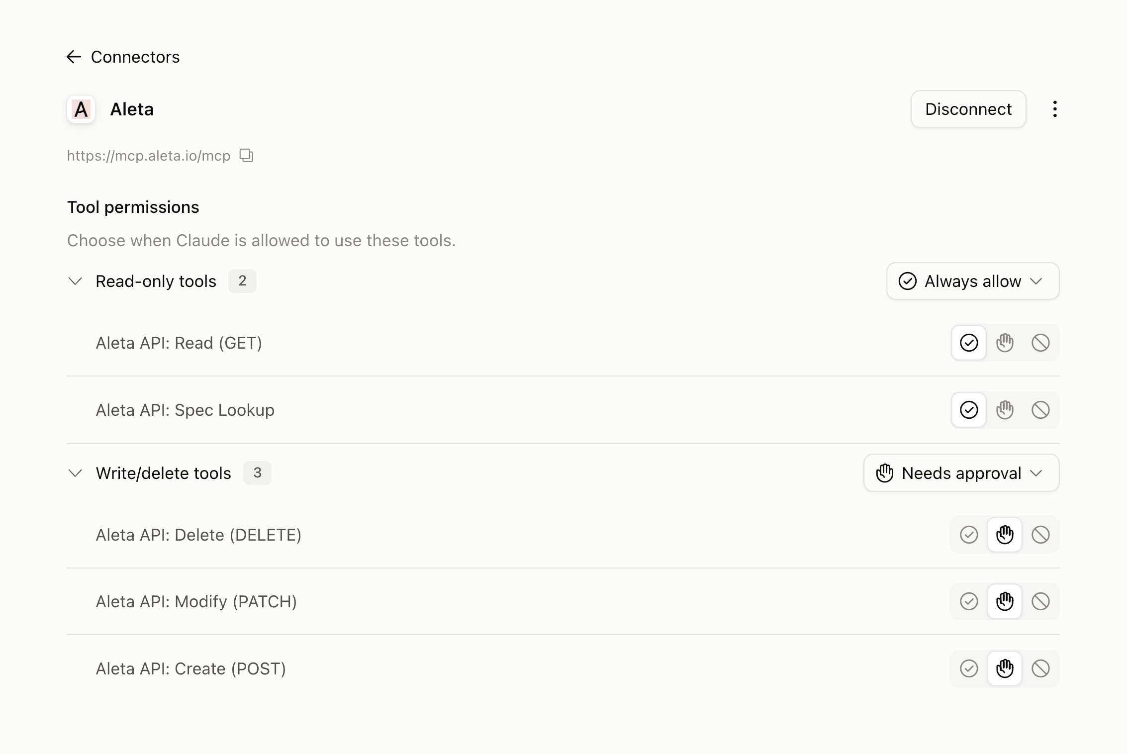 Tool permissions: read-only tools set to Always allow, write/delete tools set to Needs approval