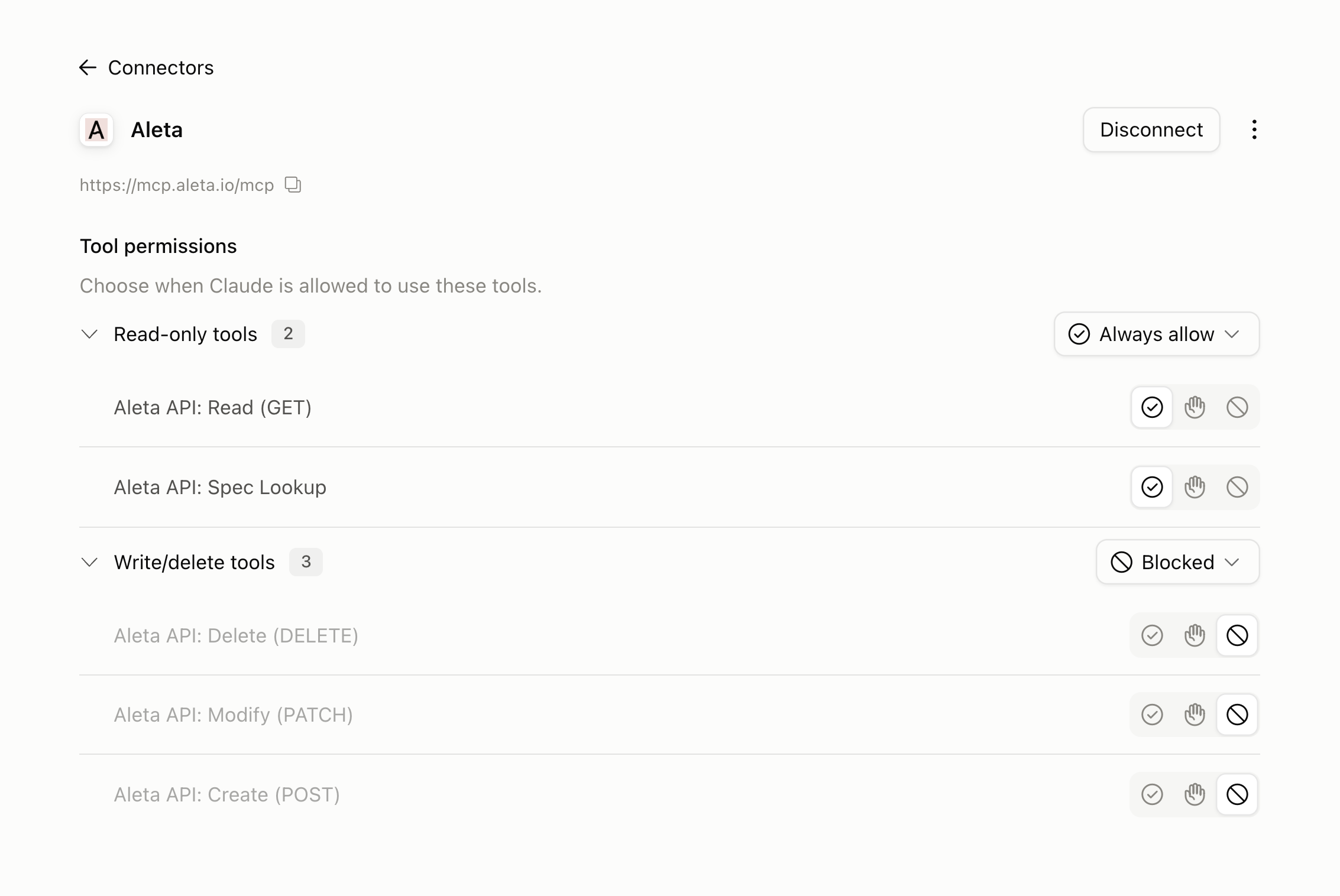 Tool permissions with the write/delete tools group set to Blocked and those tools greyed out